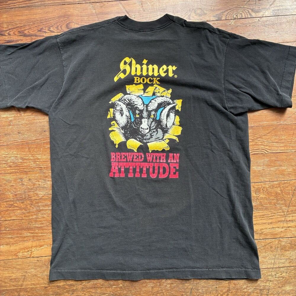Vintage Shiner Bock Brewed With An Attitude Ram Promo T-Shirt Black Mens XL 90s